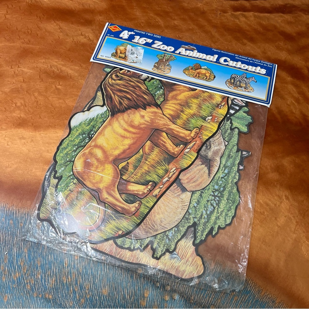 Vintage 90s Beistle Safari Zoo animal die cut decorations 16” new lions giraffe